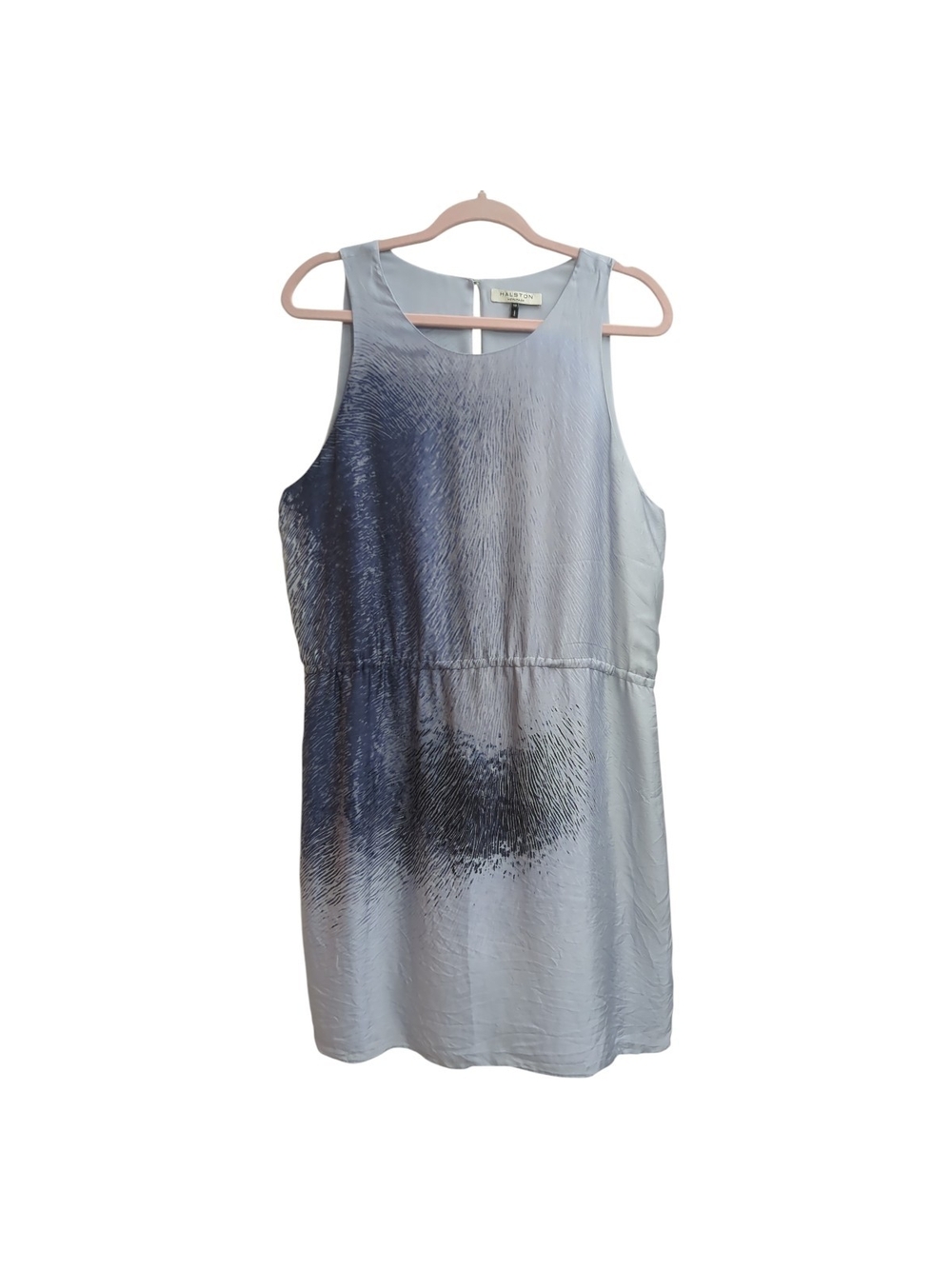 Halston Heritage 100% Silk Blue Abstract Print Sleeveless Shift Dress Size 12